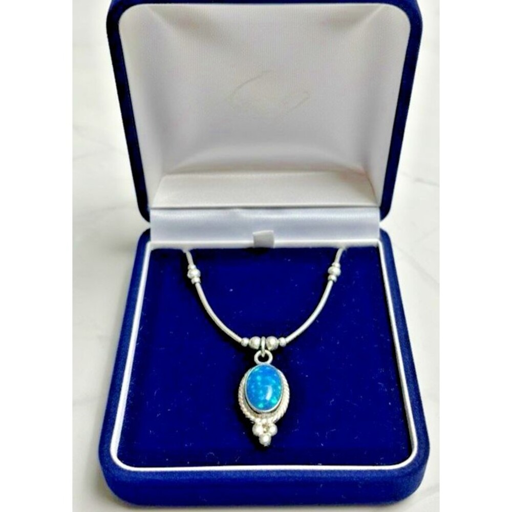 Silver Tone Blue Opal Style Pendant Necklace 16” Oval Cabochon 0.75” Drop